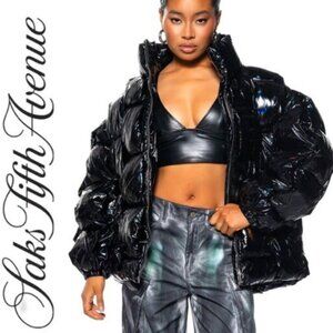 💥HOT ITEM💥Saks Fifth Avenue Black Glossy Patent Leather Quilted Puffer Jacket